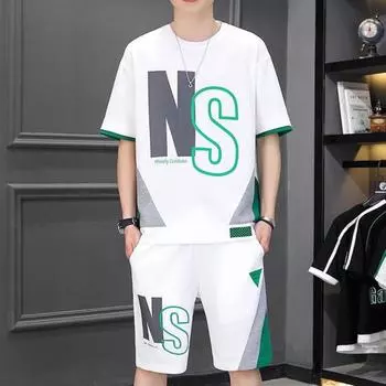 Мужской летний наряд из 2 шт./компл., футболка с коротким рукавом и круглым вырезом с эластичной резинкой на талии, широкие шорты с карманами, комплект с буквенным принтом, свободная спортивная экипировка L