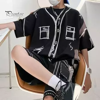 Мужской летний наряд из 2 шт./компл., футболка с короткими рукавами и круглым вырезом, эластичная резинка на талии, широкие шорты, комплект свободного кроя, спортивный костюм с принтом граффити XL чёрный