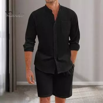 Мужской летний наряд из 2 шт./компл., однобортная рубашка с длинным рукавом и широкими карманами, шорты с воротником-стойкой, комплект одноцветного свободного покроя, повседневная одежда XL абрикосовый