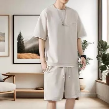 Мужской летний наряд из 2 шт./компл., футболка с коротким рукавом и круглым вырезом, эластичная талия, регулируемый шнурок, широкие шорты, комплект, спортивный костюм из двух предметов 2XL бежевый