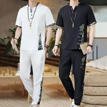 Мужской летний наряд из 2 шт./компл., футболка с воротником-стойкой и короткими рукавами, эластичная резинка на талии, штаны из ледяного шелка, комплект, повседневный костюм с тигровым принтом L чёрный