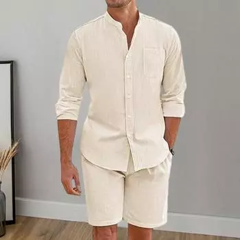 Мужской летний наряд из 2 шт./компл., однобортная рубашка с длинным рукавом и широкими карманами, шорты с воротником-стойкой, комплект одноцветного свободного покроя, повседневная одежда XL абрикосовый