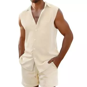 Мужской летний однотонный дышащий свободный комплект из рубашки без рукавов с пуговицами и шортами XXXL бежевый