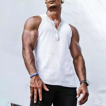 Мужской летний однотонный камзол без рукавов, спортивный повседневный эластичный вертикальный топ с круглым вырезом M белый