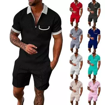 Мужской летний однотонный комплект из рубашки с коротким рукавом, карманом на молнии и лацканами, шортами L армия зеленый