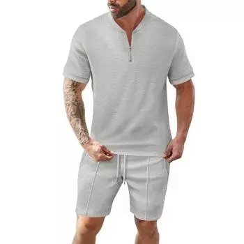 Мужской летний однотонный комплект из топа и шорт с коротким рукавом на молнии и воротником-стойкой для активного отдыха XXL