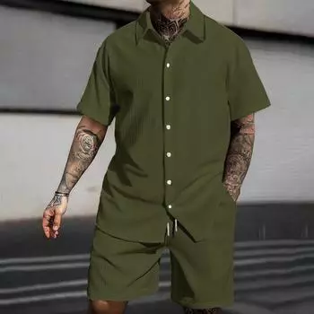 Мужской летний однотонный полосатый повседневный модный свободный костюм с шортами и футболкой с коротким рукавом L армия зеленый