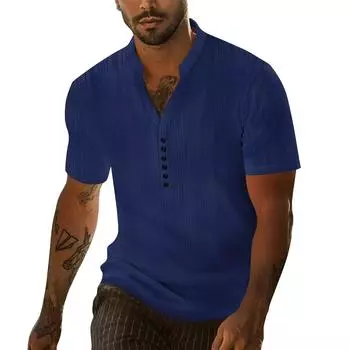 Мужской летний однотонный ретро-футляр из искусственного льна с воротником на пуговицах и короткими рукавами M тёмно-синий