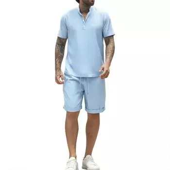 Мужской летний однотонный свободный комплект с коротким рукавом и воротником на пуговицах, топ и шорты M