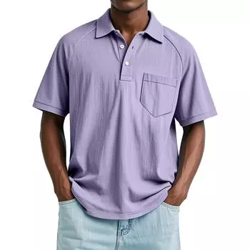 Мужской летний однотонный топ с лацканами, карманом на пуговице, свободного кроя, с рукавами реглан и короткими рукавами M фиолетовый