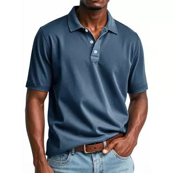 Мужской летний однотонный топ с лацканами на пуговицах, свободный, с коротким рукавом L тёмно-синий