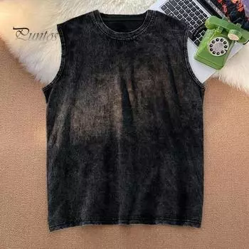 Мужской летний потертый жилет с круглым вырезом, промытый пуловер без рукавов, топы свободного кроя, топы на бретелях в стиле ретро, уличная одежда 2XL чёрный