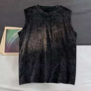Мужской летний потертый жилет с круглым вырезом, промытый пуловер без рукавов, топы свободного кроя, топы на бретелях в стиле ретро, уличная одежда XL чёрный