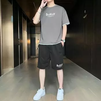 Мужской летний повседневный фитнес-костюм с принтом в виде алфавита Harajuku, спортивный костюм для бега, блузка, шорты, свитер с коротким рукавом, рубашки, комплект из двух предметов XXL серый