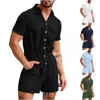 Мужской летний повседневный хлопковый льняной костюм с принтом, пляжный свободный комбинезон с привязью XXL светло-синий