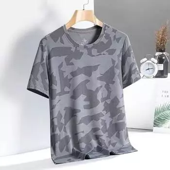 Мужской летний повседневный камуфляжный пуловер из ледяного шелка с круглым вырезом, быстросохнущая футболка, летний топ, повседневные быстросохнущие спортивные футболки M чёрный