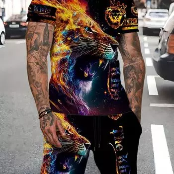 Мужской летний повседневный комплект из двух предметов: мотив льва и буквенный дизайн, удобная футболка с короткими рукавами и шорты на шнурке, идеально подходят для отдыха на свежем воздухе S