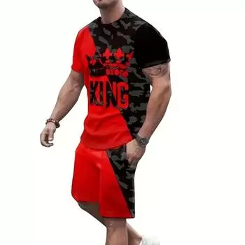 Мужской летний повседневный комплект из футболки с коротким рукавом и шорт с принтом «Корона» и буквами «Король» и повседневных шорт на завязках S