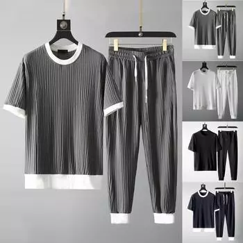 Мужской летний повседневный комплект с круглым вырезом, эластичный дышащий плиссированный тонкий комплект с короткими рукавами L серый