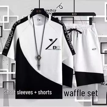Мужской летний повседневный костюм из вафельной ткани: Комплект из рубашки с короткими рукавами и шорт 2XL (140-160 lbs) белый
