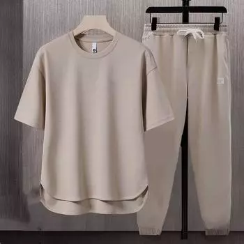 Мужской летний повседневный однотонный комплект из двух предметов: футболка с короткими рукавами и брюки 3XL белый