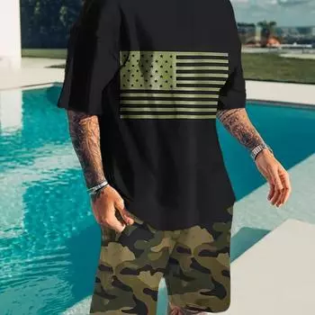 Мужской летний повседневный спортивный комплект из 2 предметов, мужская футболка с коротким рукавом с принтом флага и комплект камуфляжных шорт S