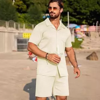 Мужской летний повседневный текстурный пляжный трикотажный свитер с коротким рукавом на пуговицах и комплект шорт S