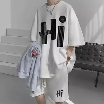 Мужской летний повседневный вафельный костюм в гонконгском стиле: Свободная футболка с принтом и брюки средней длины. 5XL