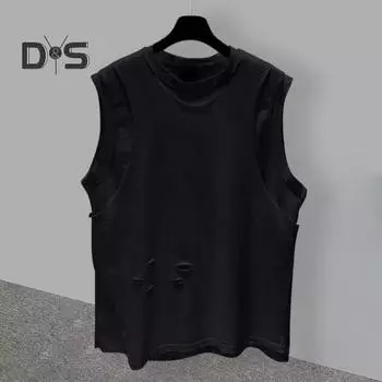 Мужской летний повседневный жилет с круглым вырезом без рукавов, свободные топы на бретелях, однотонная футболка с рваными отверстиями, жилет в уличном стиле L белый