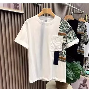 Мужской летний свитер с круглым вырезом, модная и повседневная футболка с принтом и карманом, короткий рукав S белый