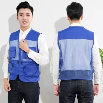 Мужской летний рабочий жилет с v-образным вырезом без рукавов и несколькими карманами, однотонный жилет из дышащей сетки на молнии, жилет-карго, пальто 3XL синий