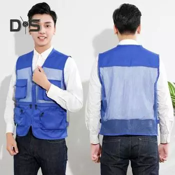 Мужской летний рабочий жилет с v-образным вырезом без рукавов и несколькими карманами, однотонный жилет из дышащей сетки на молнии, жилет-карго, пальто 3XL синий