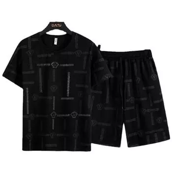 Мужской летний спортивный костюм для отдыха, мужской корейский быстросохнущий костюм из двух предметов 6XL чёрный