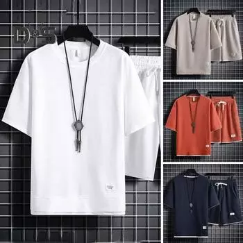 Мужской летний спортивный костюм из 2 шт./компл., футболка с круглым вырезом и коротким рукавом, эластичная талия, регулируемый шнурок, широкие шорты, комплект, наряд с вафельной текстурой L темно-оранжевого