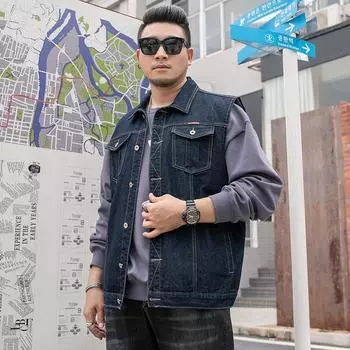 Мужской летний свободный жилет из денима больших размеров, однобортный пиджак с прямым подолом и лацканами 7XL темно-синий