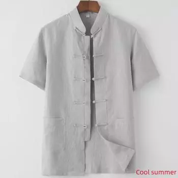 Мужской летний тонкий льняной костюм Танг - топ с короткими рукавами для людей среднего и пожилого возраста 5XL льняной/естественный