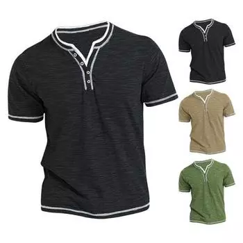 Мужской летний топ с пуговицами, V-образным вырезом, короткими рукавами, мягкий дышащий, контрастного цвета, в полоску, повседневный пуловер средней длины M хаки