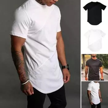 Мужской летний топ, однотонная лоскутная футболка с круглым вырезом и коротким рукавом, мягкая дышащая эластичная средней длины, повседневная спортивная футболка для фитнеса XL чёрный