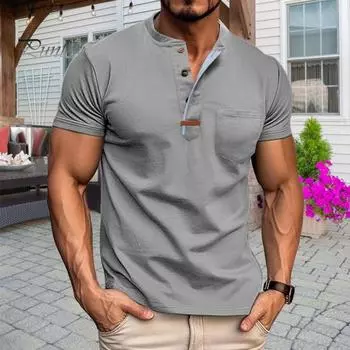 Мужской летний топ с нагрудным карманом, круглым вырезом, короткими рукавами, застегивающимся на пуговицы, однотонный пуловер средней длины, рубашка для офиса, свиданий, путешествий M серый