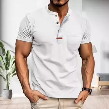 Мужской летний топ с нагрудным карманом, круглым вырезом, короткими рукавами, застегивающимся на пуговицы, однотонный пуловер средней длины, рубашка для офиса, свиданий, путешествий M небесно-голубой