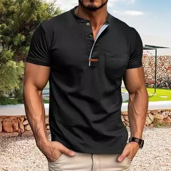 Мужской летний топ с нагрудным карманом, круглым вырезом, короткими рукавами, застегивающийся на пуговицы, однотонный M белый