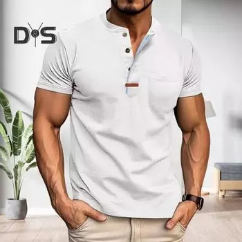 Мужской летний топ с нагрудным карманом, круглым вырезом, короткими рукавами, застегивающимся на пуговицы, однотонный пуловер средней длины, рубашка для офиса, свиданий, путешествий M белый