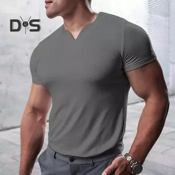 Мужской летний топ с V-образным вырезом и короткими рукавами, сплошной цвет, мягкий дышащий пуловер, эластичный приталенный пуловер средней длины, повседневная спортивная футболка для фитнеса M светло-серый