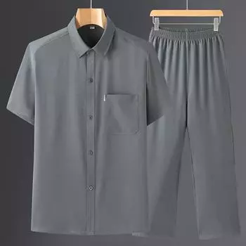 Мужской летний удобный костюм для людей среднего и пожилого возраста, однотонная простая рубашка с короткими рукавами + повседневные брюки, комплект из двух предметов 4XL
