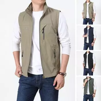 Мужской летний жилет без рукавов с лацканами, жилет с 2 карманами на молнии, куртка-карго, уличная одежда 4XL темно-синий
