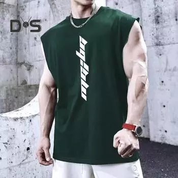 Мужской летний жилет для фитнеса с буквенным принтом, бесшовный круглый вырез без рукавов, эластичный, мягкий, дышащий, быстросохнущий пуловер, повседневный мужской спортивный майка для спортзала L темно-синий