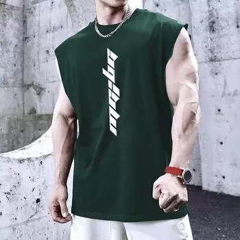 Мужской летний жилет для фитнеса с буквенным принтом, бесшовный, с круглым вырезом, без рукавов, эластичный, мягкий, дышащий, быстросохнущий, повседневный, для мужчин, для спортзала M хаки