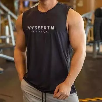 Мужской летний жилет для фитнеса с мышцами, сплошной цвет, бесшовный с круглым вырезом, большие размеры, впитывающий пот, без рукавов, свободный, тонкий, эластичный, быстросохнущий пуловер, повседневный тренажерный зал L чёрный