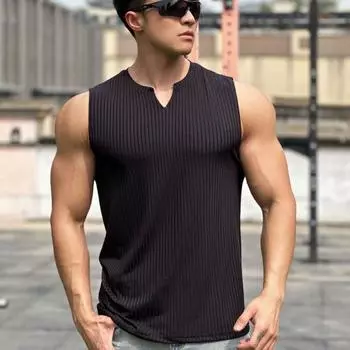 Мужской летний жилет для фитнеса с v-образным вырезом, облегающие майки без рукавов, однотонный ребристый баскетбольный тренировочный жилет для упражнений M чёрный