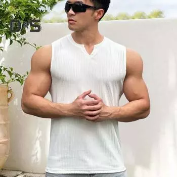 Мужской летний жилет для фитнеса с v-образным вырезом, облегающие майки без рукавов, однотонный ребристый баскетбольный тренировочный жилет для упражнений M чёрный